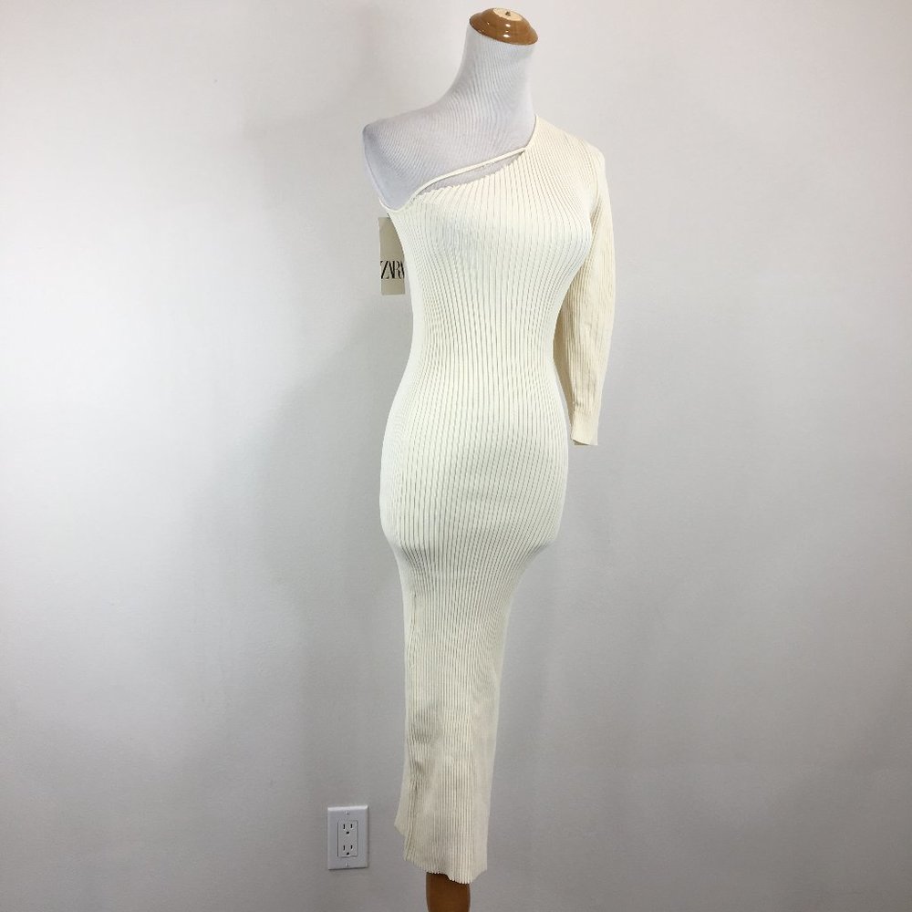NWT ZARA Cream/Ivory Ribbed Stretch Knit One Sleeve Fitted Dress